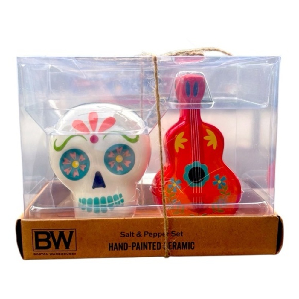 3/$25 Boston Warehouse Hand-Painted Ceramic Skull and Guitar Salt & Pepper Set